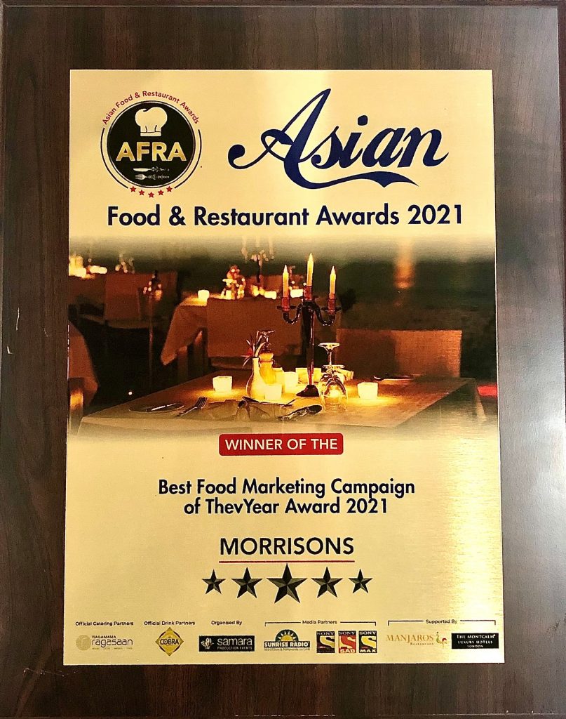 a picture of the asian food and restaurant awards award for best food marketing campaign 2021, given to morrisons living is giving